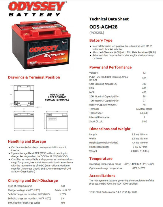 12v 28ah Battery Odyssey ODS-AGM28 PC925L (Positive Terminal Left)