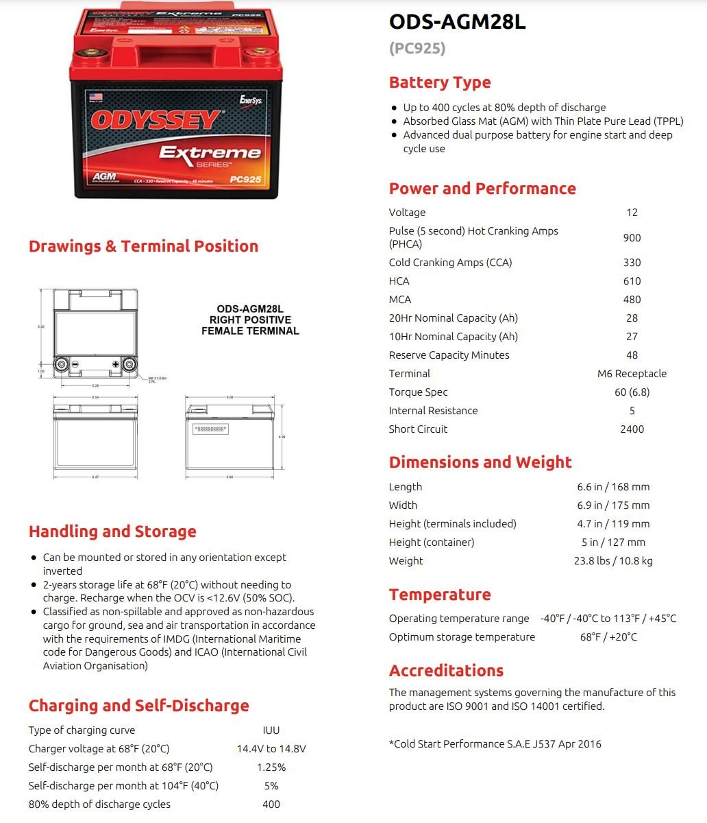 Pc925 12v 28ah Odyssey Battery ODS-AGM28L-PC925 (Positive Right Terminal ...