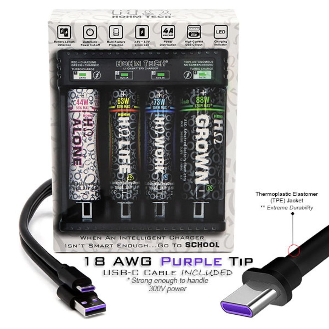 18650 Charger with Batteries 4 x Hohm Life Batteries + 4 Slot 18650 Battery Charger Fits: 18650, 20700, 21700, 26650 - Battery World