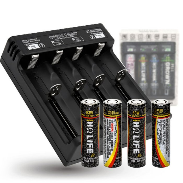 18650 Charger with Batteries 4 x Hohm Life Batteries + 4 Slot 18650 Battery Charger Fits: 18650, 20700, 21700, 26650 - Battery World