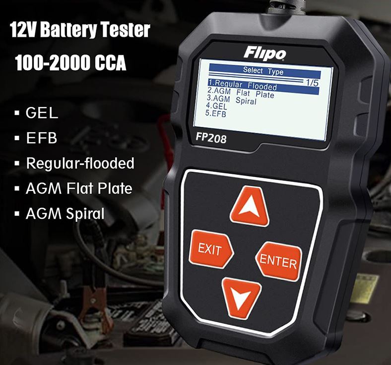 Automotive Battery Tester Flipo FP208 Digital Battery Tester - Works on Cars, Trucks, Bikes, and more