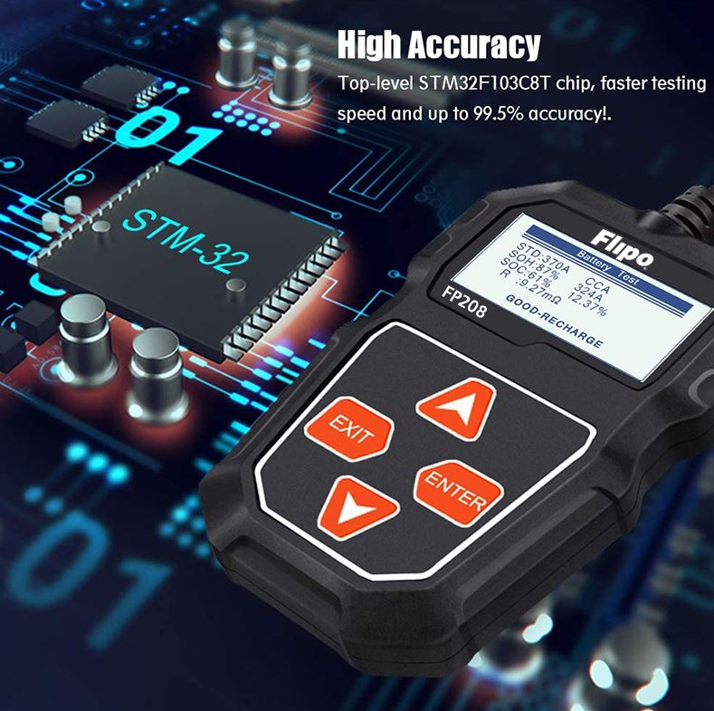 Automotive Battery Tester Flipo FP208 Digital Battery Tester - Works on Cars, Trucks, Bikes, and more