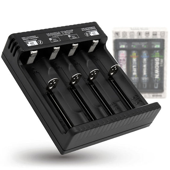 Hohm School 4 Slot 18650 Battery Charger Fits: 18650, 20700, 21700. 26650 batteries and more