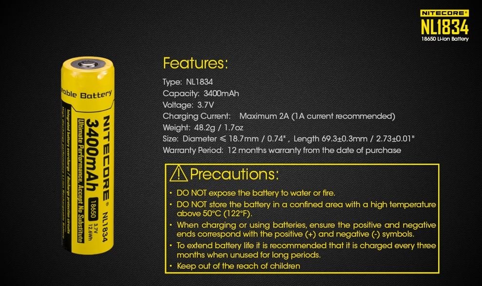 Nitecore 18650 Battery NL1834 3400mAh - Battery World