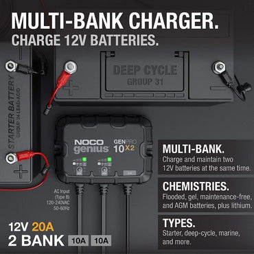 Noco GenPro 10x2 On-Board Battery Charger 2-Bank 20-Amp -Smart Battery Maintainer and Charger