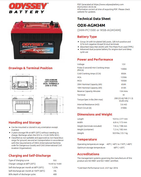 Odyssey Battery ODX-AGM34M PC1500 Odyssey 850cca- 65ah - Battery World