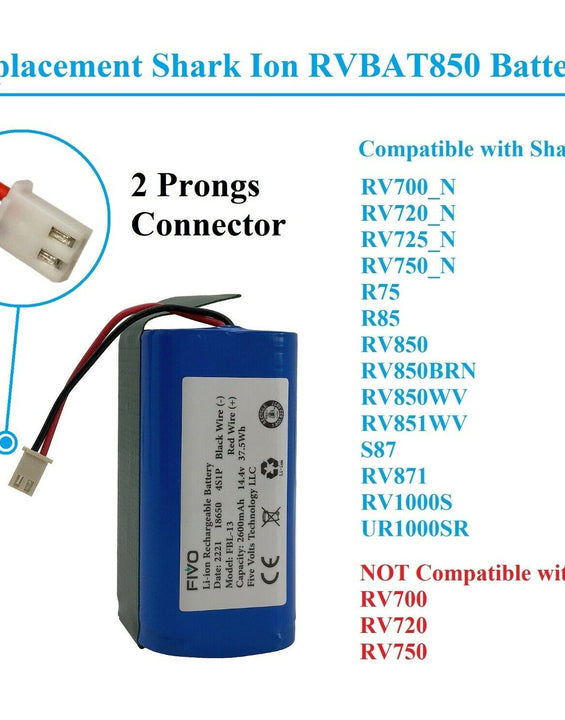 Shark Ion R75 RV85 RV850 RV750-N RVBAT850 (2-prongs plug)