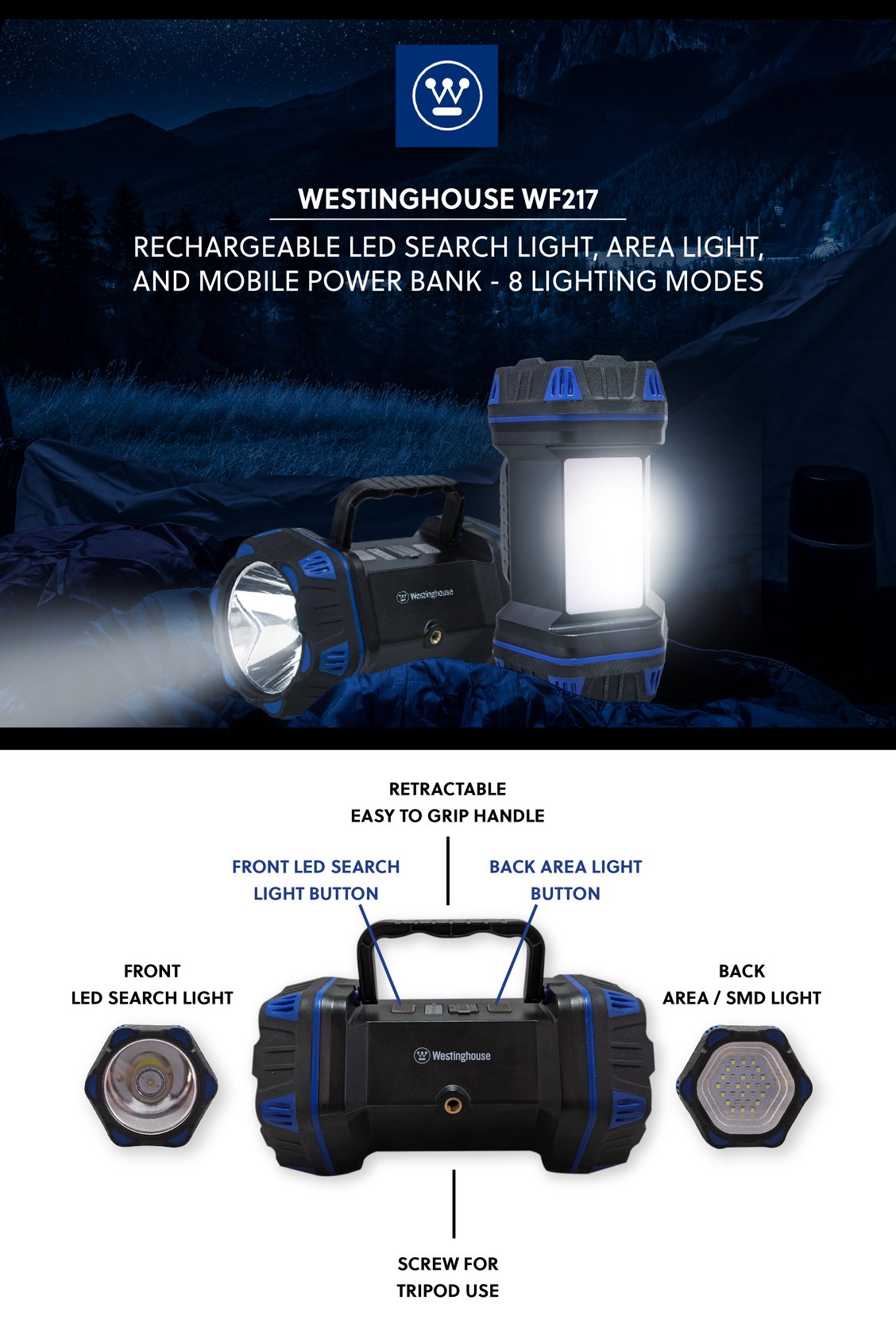 WF217 Rechargeable Search Light, Area Light, Mobile Power Bank - 8 Lighting Modes - Battery World