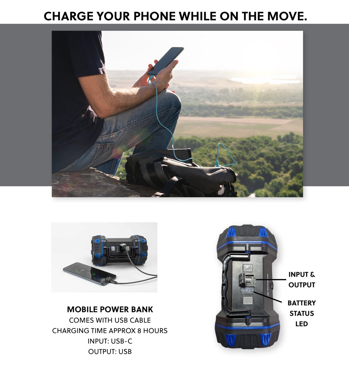 WF217 Rechargeable Search Light, Area Light, Mobile Power Bank - 8 Lighting Modes - Battery World
