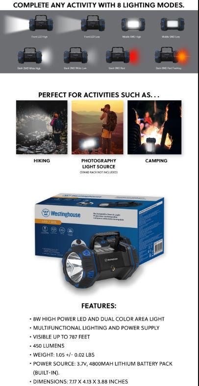 WF217 Rechargeable Search Light, Area Light, Mobile Power Bank - 8 Lighting Modes - Battery World